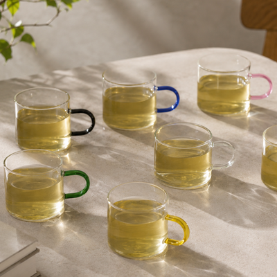 Clear glass mugs with colorful handles for green tea,coffee and daily use cup set
