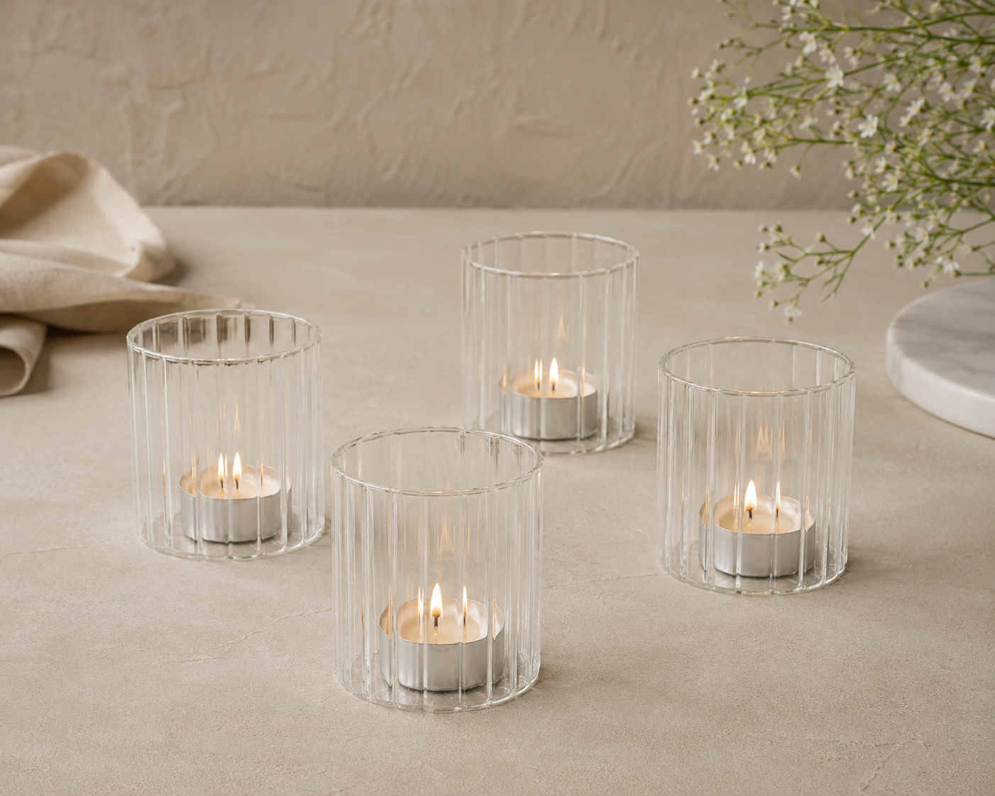 Ribbed Glass Tealight Holder| set of 2